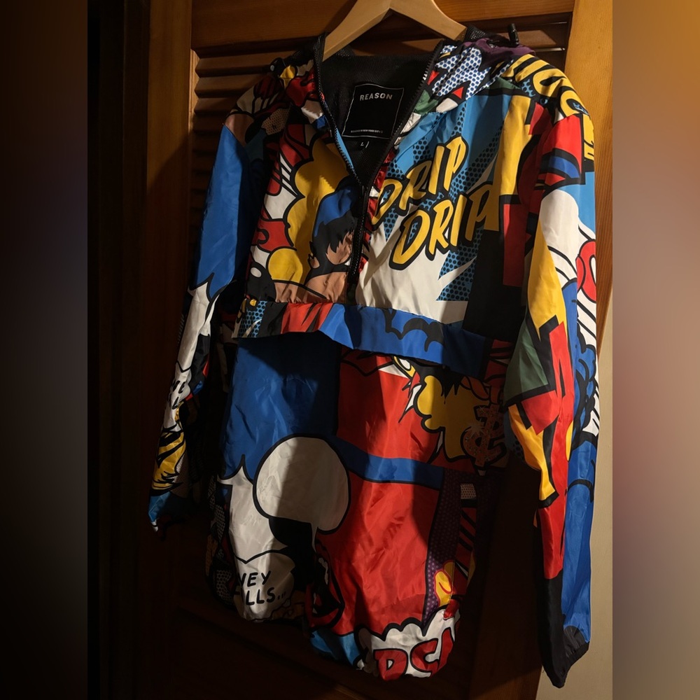 Reason Comic Book Style Pullover Windbreaker with Hood